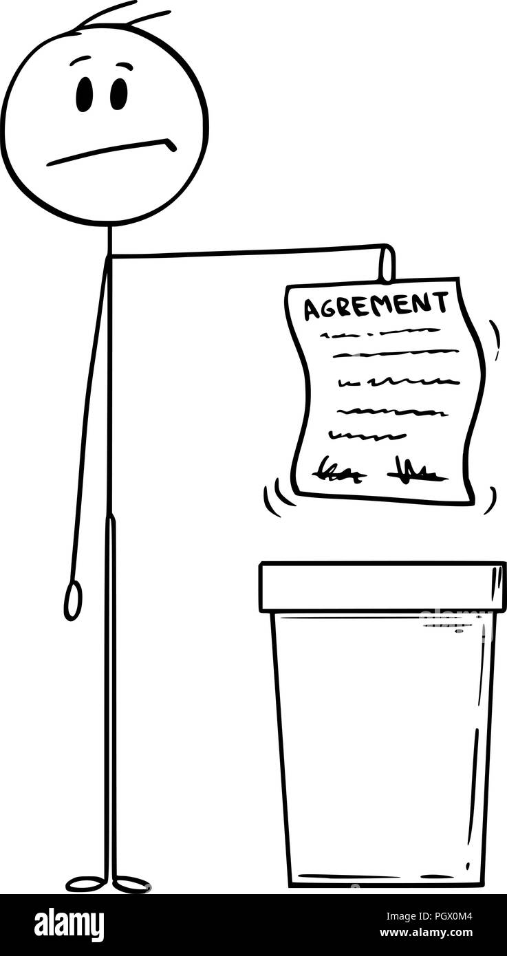 Cartoon von Mann oder Geschäftsmann werfen ein Abkommen in Abfallbehälter Stock Vektor