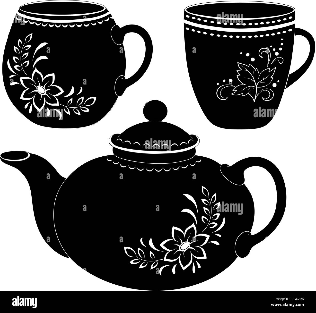 China Teekanne und Tassen mit einem floralen Muster, schwarze Kontur auf weißem Hintergrund. Vektor Stock Vektor