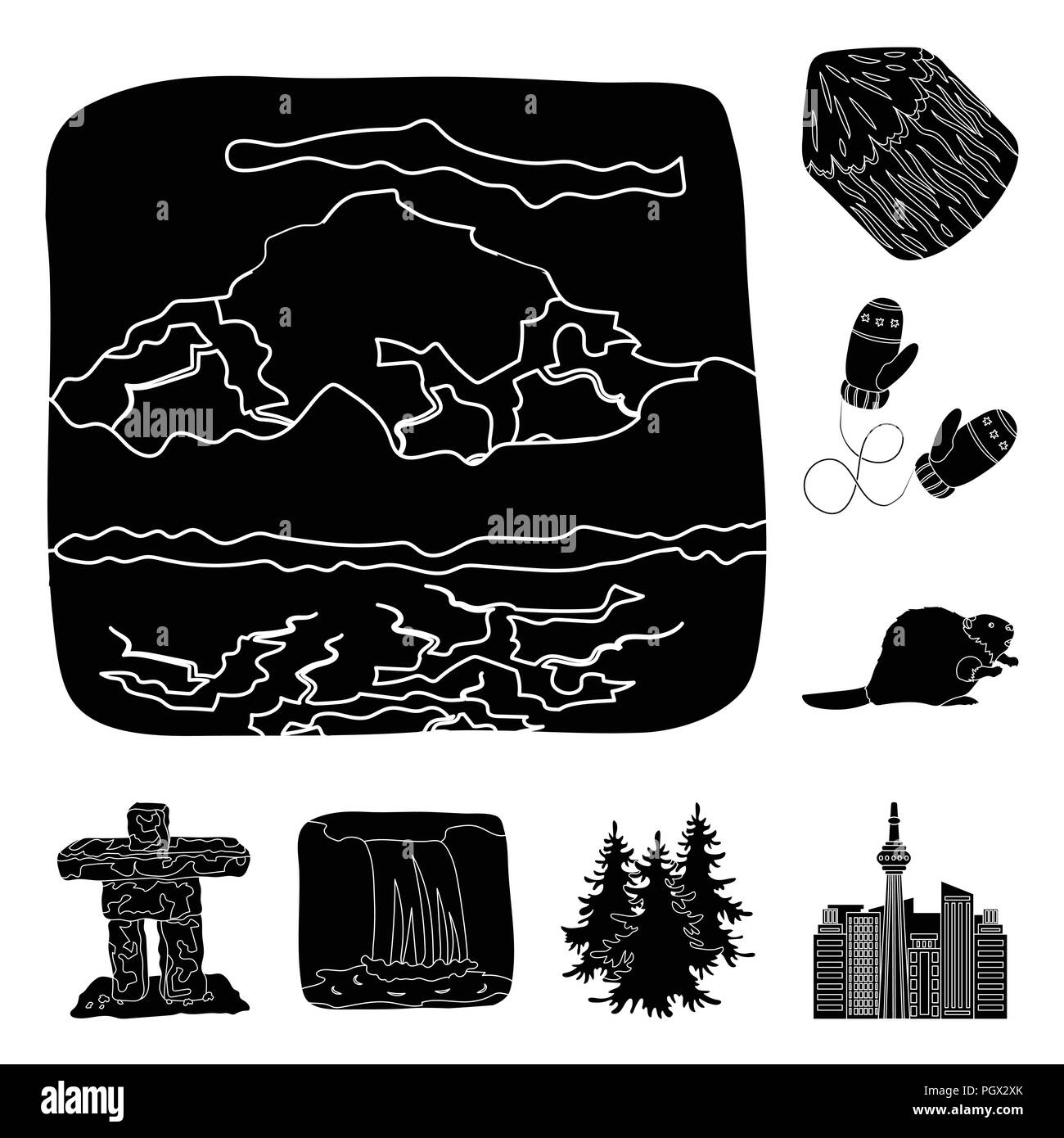 Land Kanada schwarze Symbole in der Sammlung für Design. Kanada und der charakteristische Vektor Symbol lieferbar Abbildung. Stock Vektor