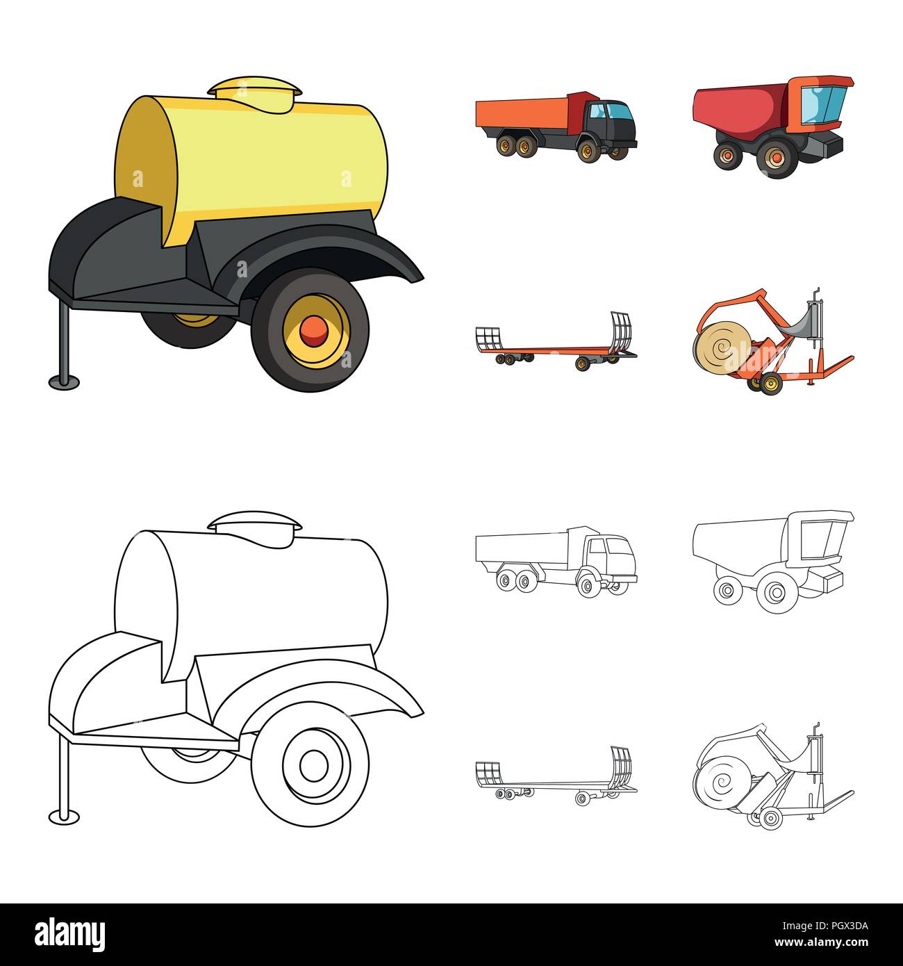 Anhänger mit einem Faß, Lkw und andere landwirtschaftliche Geräte. Landwirtschaftliche Maschinen ein Sammlung Icons im Cartoon, Outline style Vektor Symbol lieferbar Stock Vektor