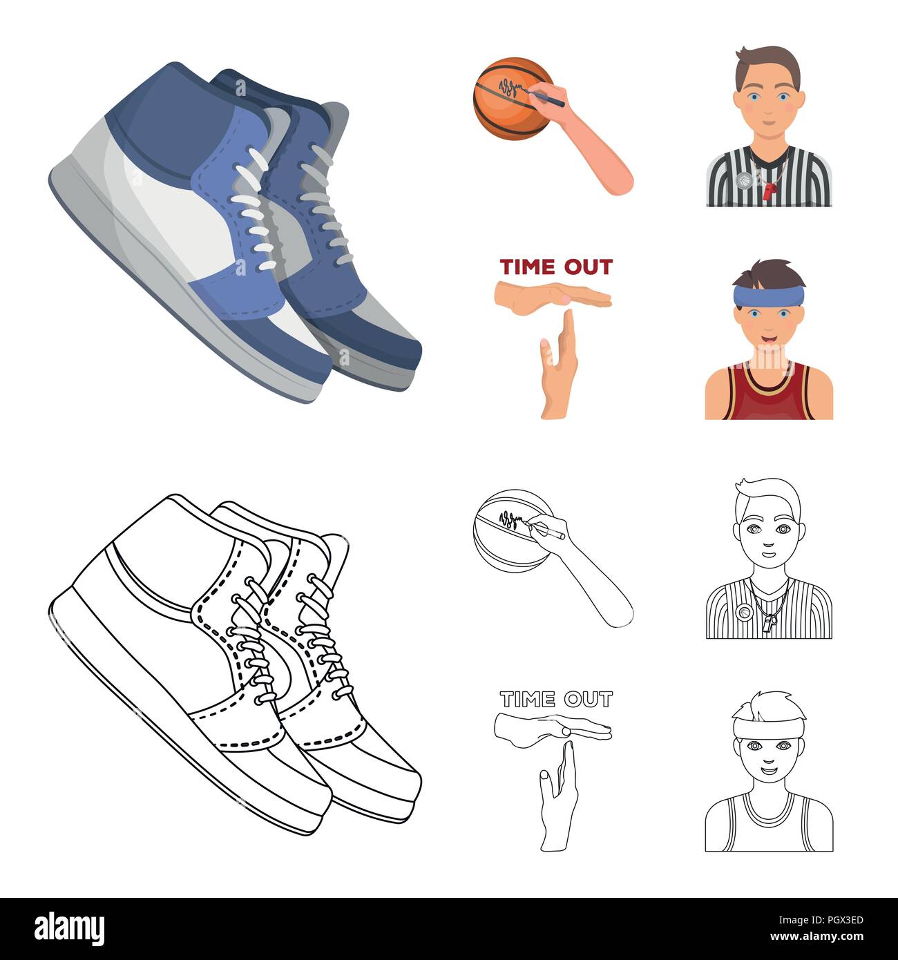 Basketball und Attribute Cartoon, umriss Symbole im Set Sammlung für Design. Basketballspieler und Ausrüstung vektor Symbol lieferbar Abbildung. Stock Vektor