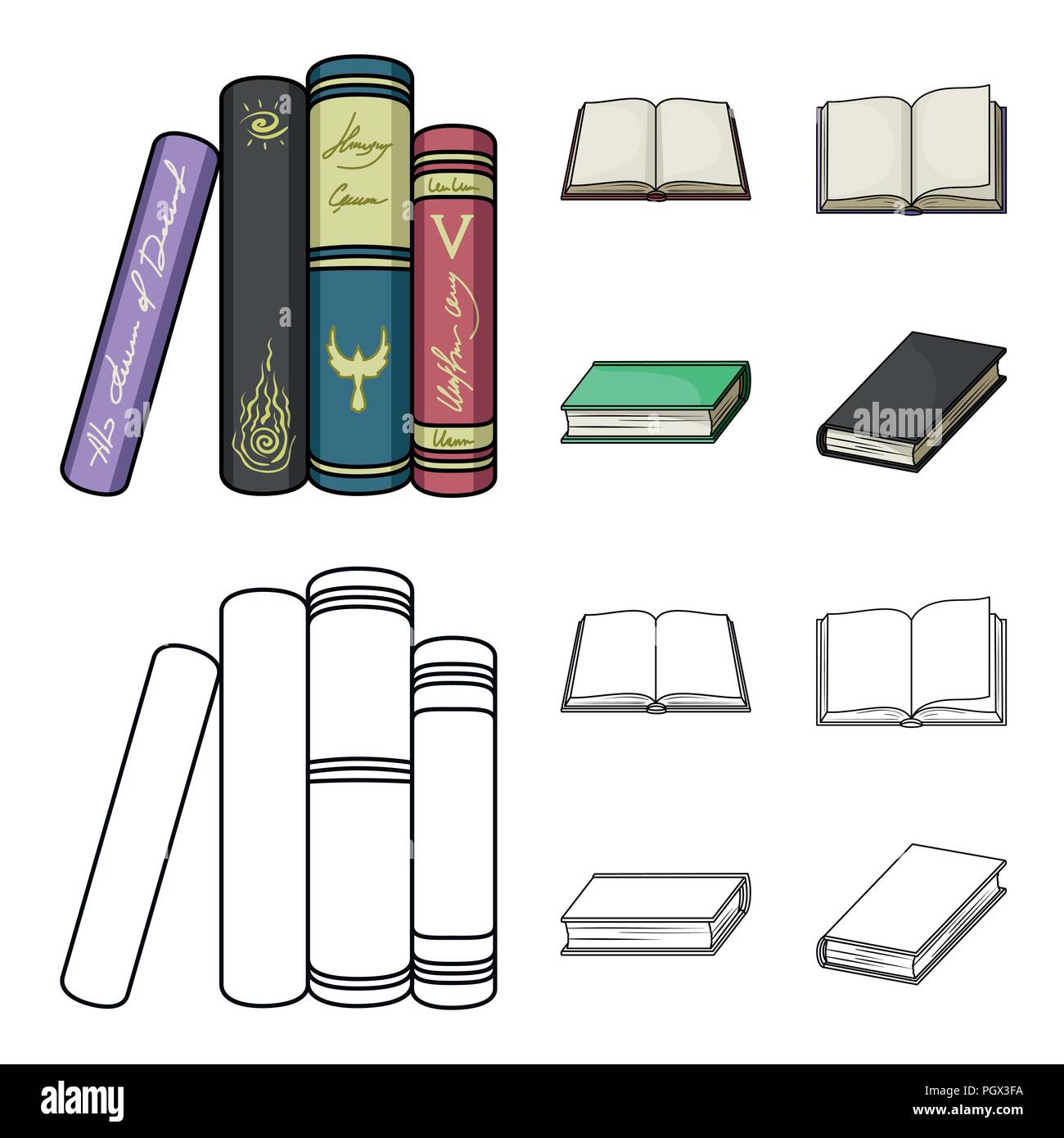 Verschiedene Arten von Büchern. Bücher set Sammlung Icons im Cartoon, Outline style Vektor Symbol lieferbar Abbildung. Stock Vektor