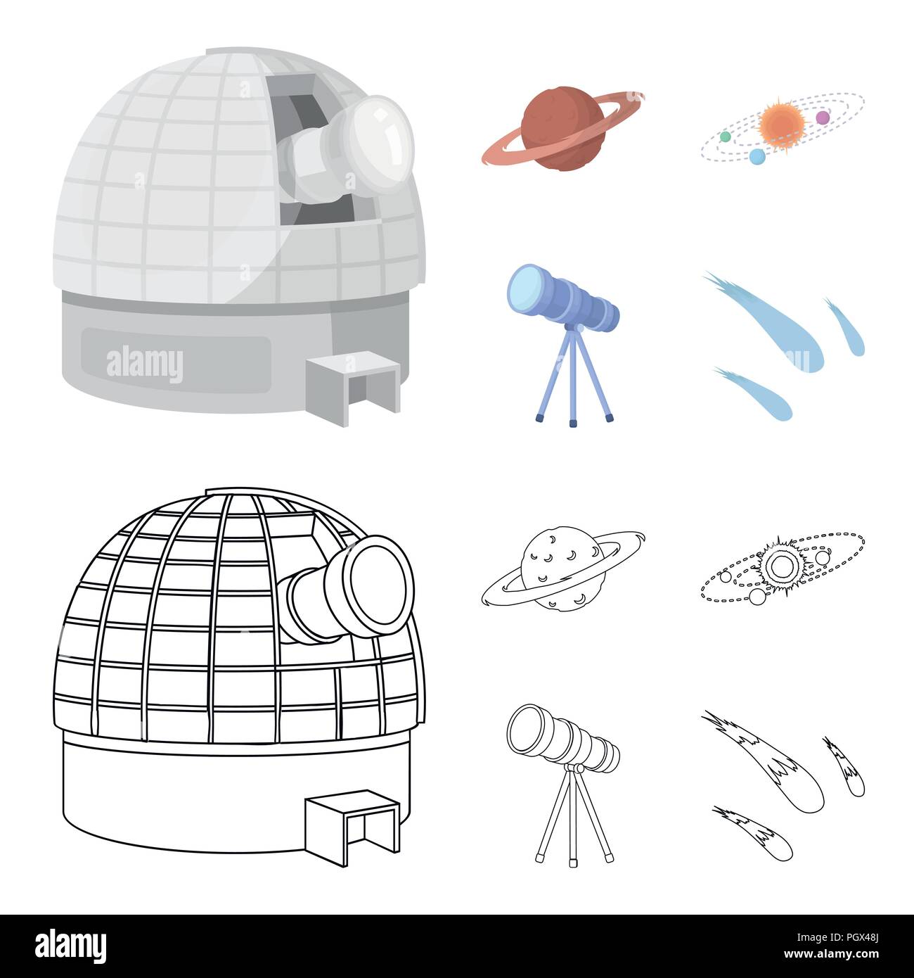 Observatorium mit einem Radioteleskop, Mars, Solaranlage mit Umlaufbahnen von Planeten, Teleskop auf einem Stativ. Raum Sammlung Icons im Cartoon, Überblick Stock Vektor Observatorium mit einem Radioteleskop, Mars, Solaranlage mit Umlaufbahnen von Planeten, Teleskop auf einem Stativ. Raum Sammlung Icons im Cartoon, Überblick Stock Vektor