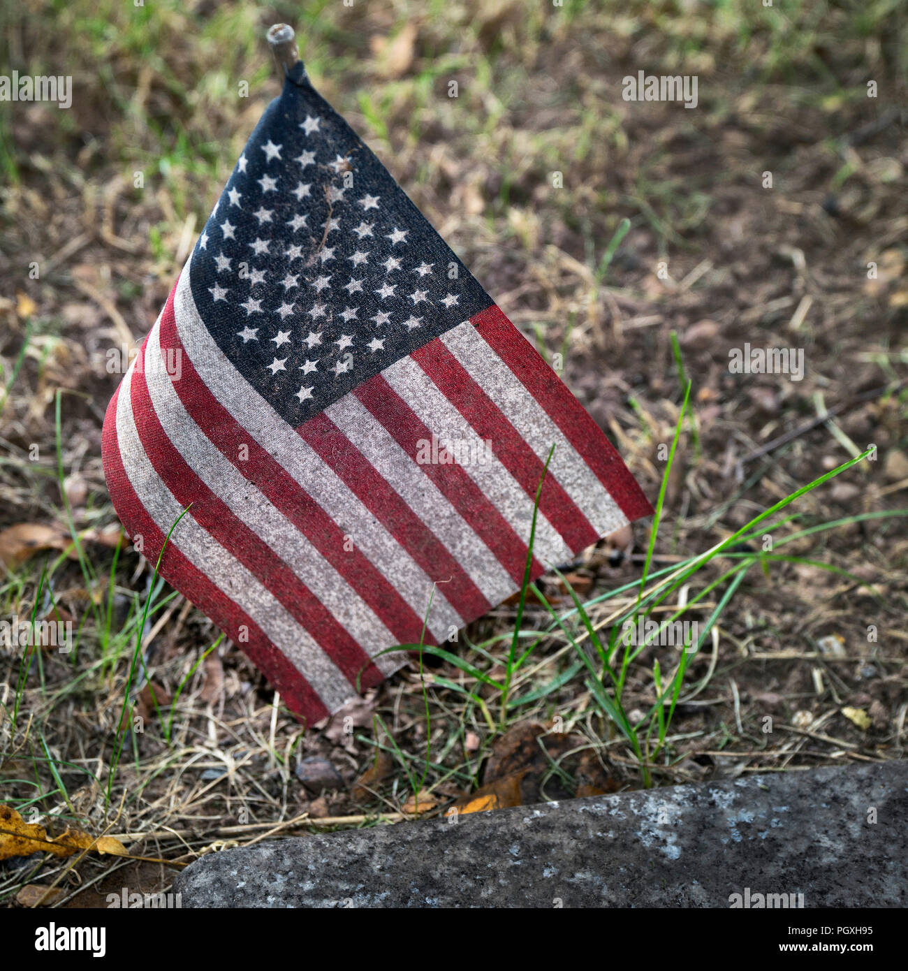 Verwitterte US Flag am Grab von Veteran. Stockfoto