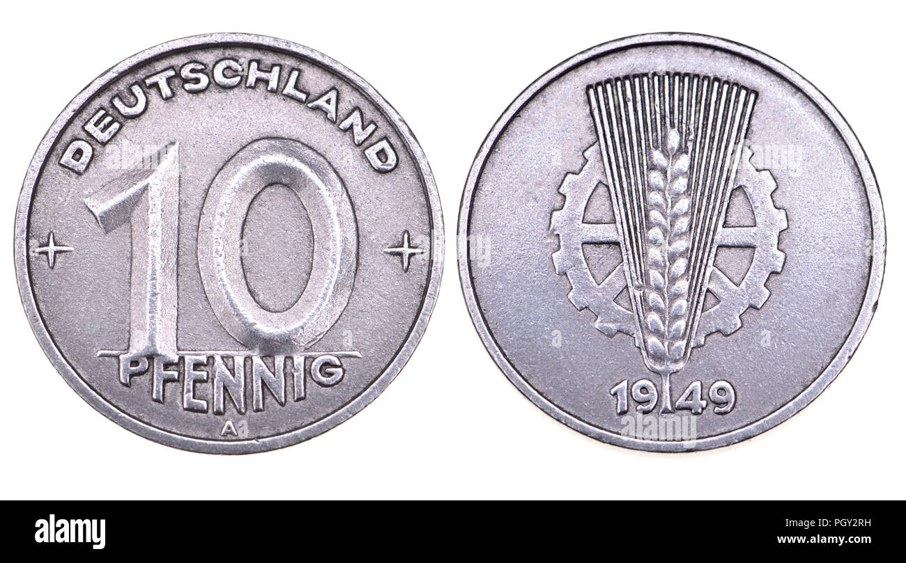 Ddr Münze: 10 Pfennig, 1949. Ein Ohr von Weizen und ein Zahnrad symbolisiert die Allianz zwischen der industriellen Arbeiter und Bauern, in Übereinstimmung Stockfoto