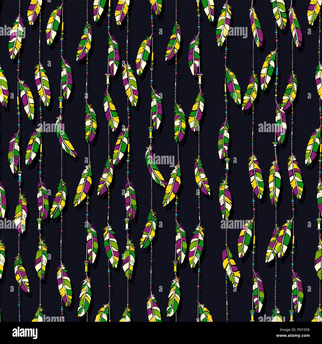 Mardi Gras nahtlose Muster mit bunten Federn und Perlen vor weißem Hintergrund Stock Vektor