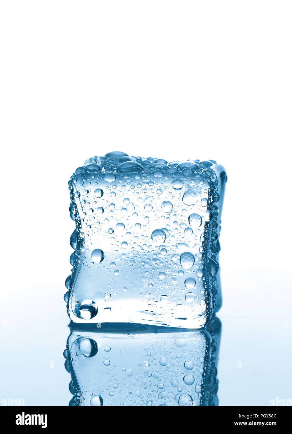 Single ice cube mit Wassertropfen auf weißem Hintergrund mit Reflektion Stockfoto