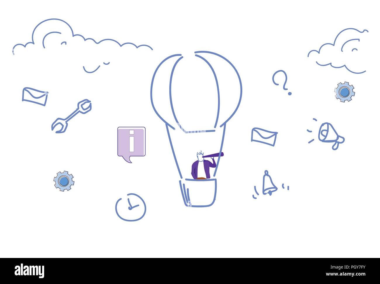 Geschäftsmann fliegen Ballon suchen Fernglas business Vision Concept social media Icons neue erfolgreiche Projekt Skizze doodle horizontal Stock Vektor