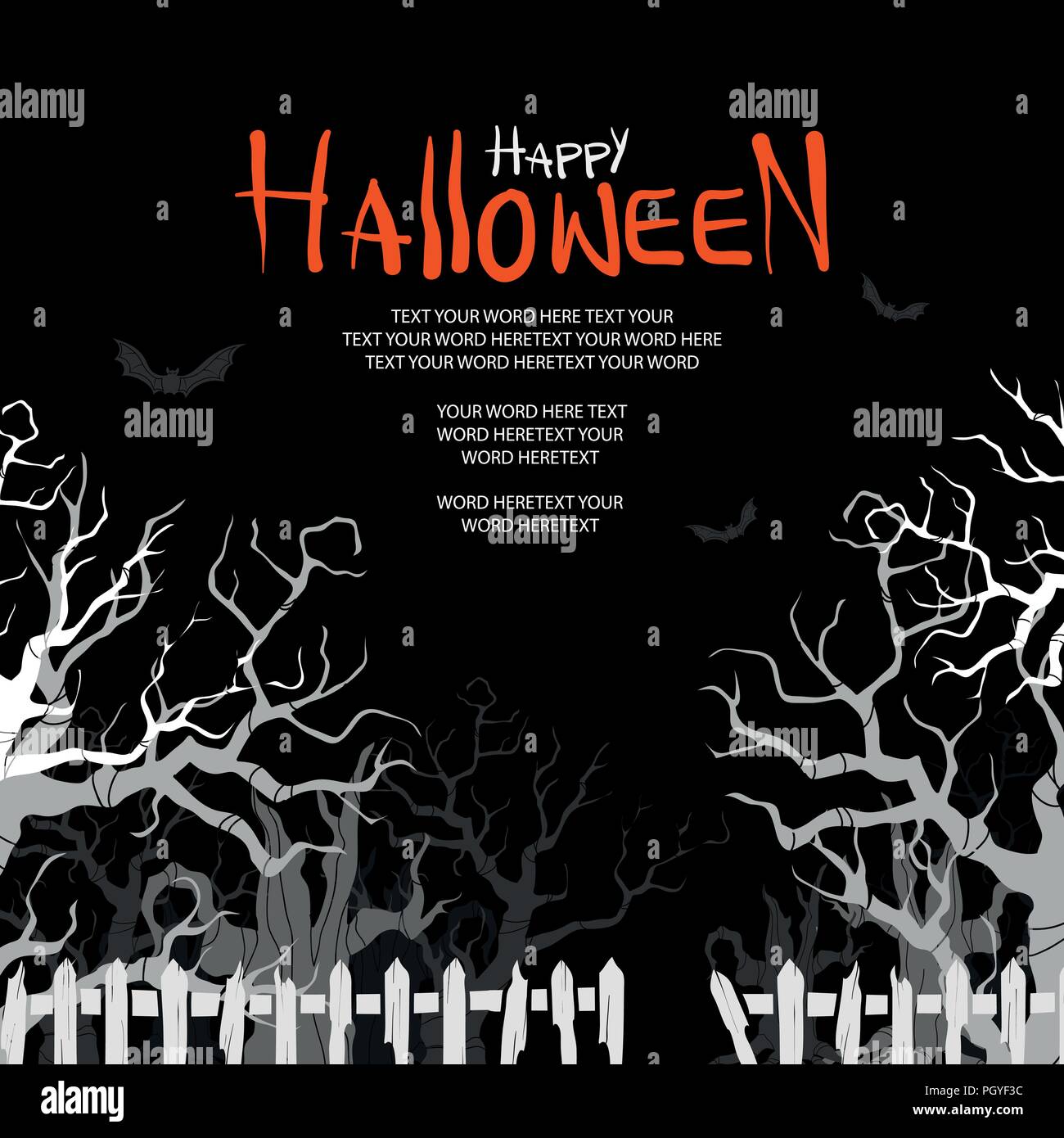 Silhouette Weiß und Grau haunted Bäume auf schwarzem Hintergrund und Platz für Text. Hintergrund oder Plakatgestaltung für Halloween Veranstaltung in Vector Illustration Stock Vektor