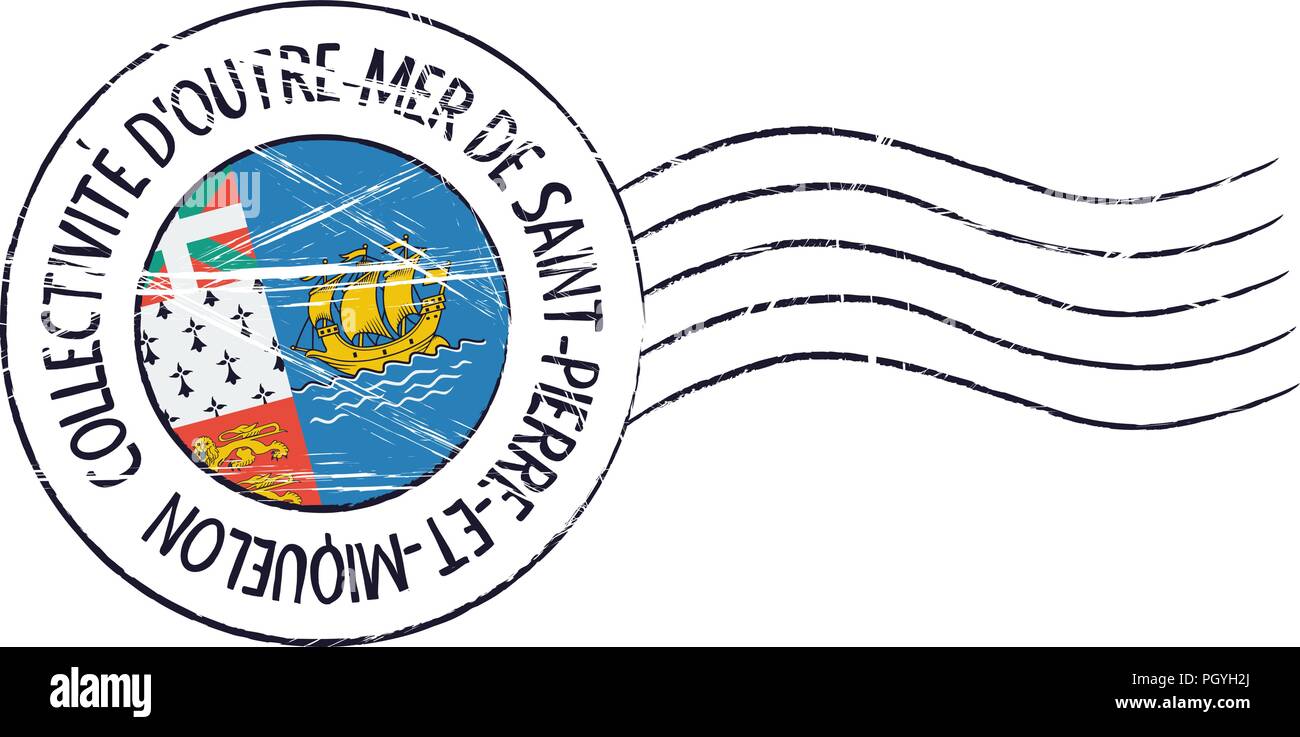 Saint Pierre und Miquelon grunge Briefmarke und Flag auf weißem Hintergrund Stock Vektor