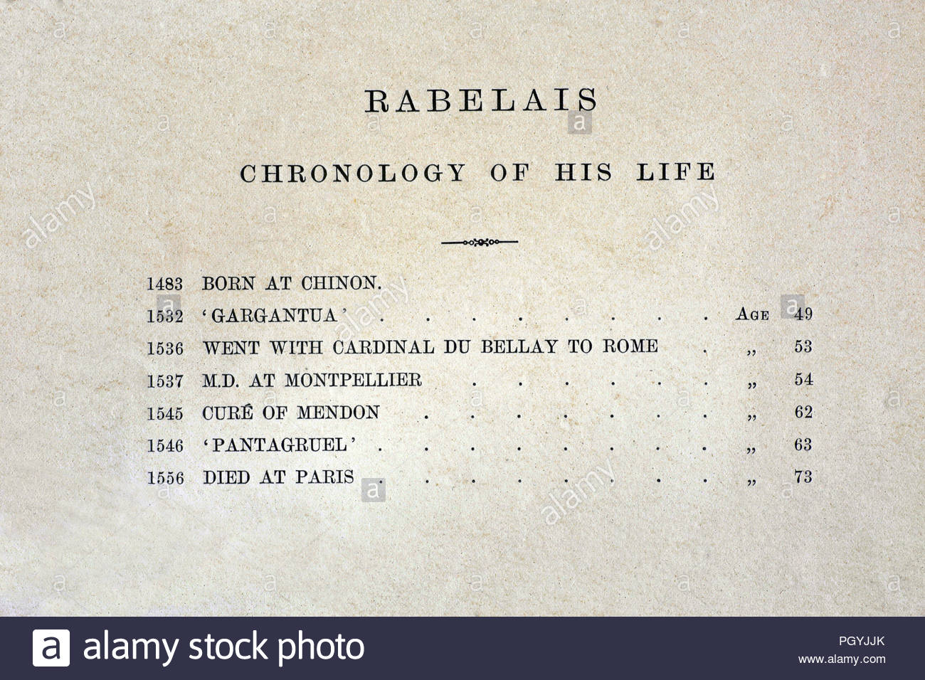 François Rabelais Chronologie seines Lebens, war ein französischer Renaissance Schriftsteller, Arzt, Renaissance Humanisten, Mönch und Griechischer Gelehrter, Chronologie von antiken Buch 1880 Stockfoto