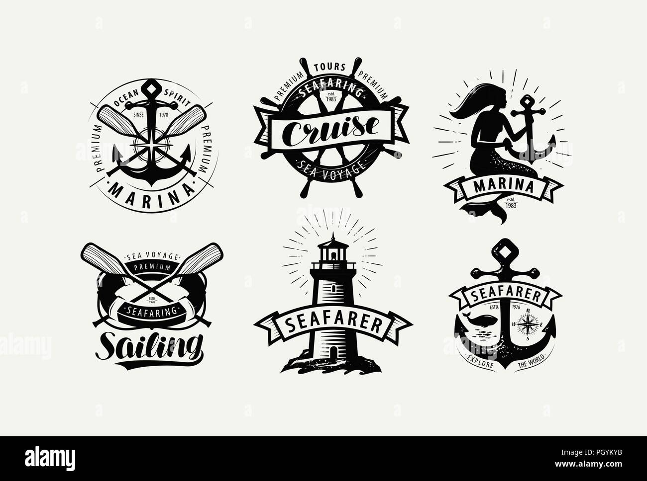 Segeln, Kreuzfahrt Logo oder Label. Marine Konzept der Embleme. Typografische Gestaltung Vektor Stock Vektor