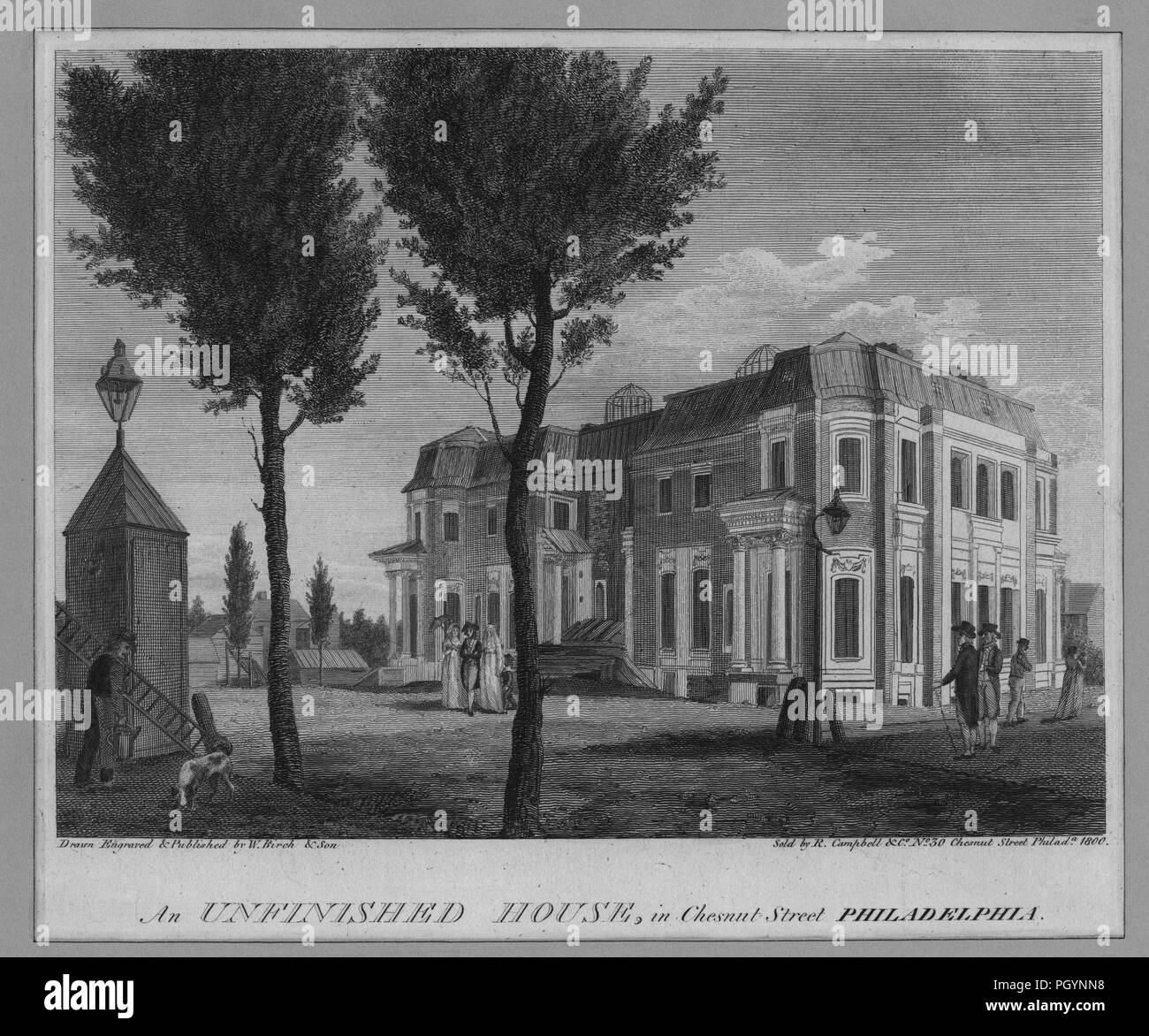 Schwarz und Weiß Vintage Print, das mehrere Leute in viktorianischer Kleidung in der Nähe von einem teilweise gebaut, klassische Revival Stil Villa mit einem Mansardendach, Untertitel "Ein unfertiges Haus, in der Chestnut Street, Philadelphia," und nach dem Eigentümer zerlegt, uns Gründervater Robert Morris Jr, verlor sein Vermögen, das Land ist die aktuelle Website der "Jewelers Row", gezeichnet, graviert und durch W Birke und Sohn, in Philadephia, USA, 1800 veröffentlicht. Von der New York Public Library. () Stockfoto