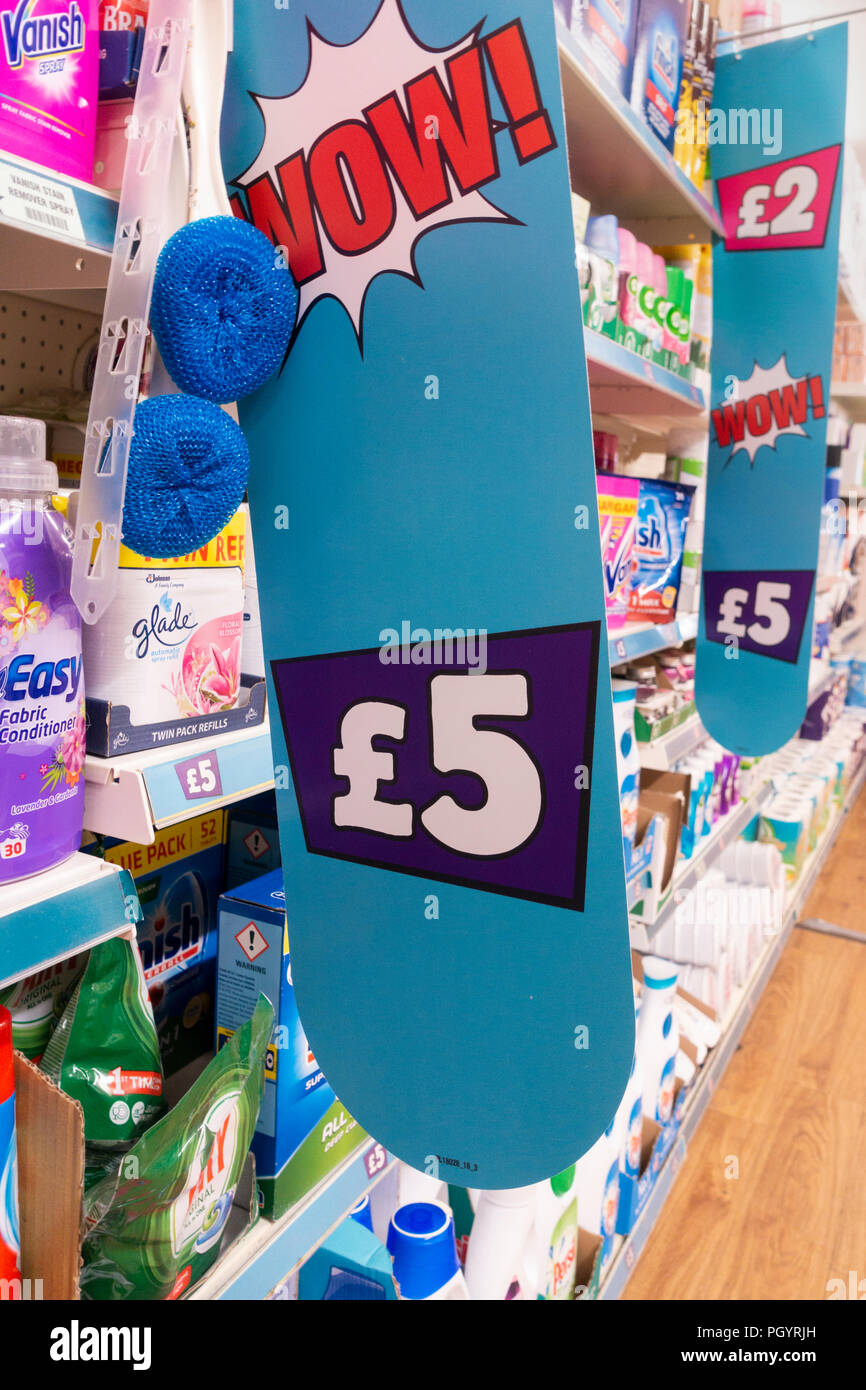 Produkte in Poundland store UK, die mehr kosten als ein Pfund. Stockfoto