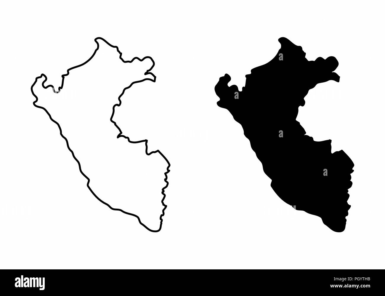 Vereinfachte Karten von Peru. Schwarze und weiße Umrisse. Stock Vektor