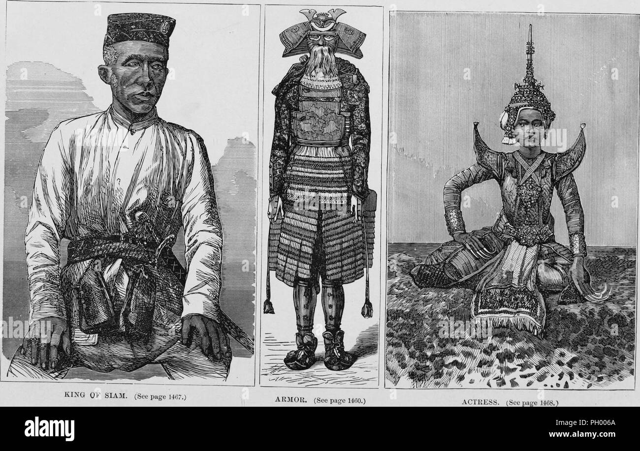 Schwarz und Weiß Vintage Prints, in drei Spalten: Untertitel "König von Siam" (links), thailändische König Mongkut, in drei-viertel, frontale Ansicht, das Tragen eines schottischen Glengarry Haube oder Kappe; "Rüstung" (Mitte), in der ein Mann trägt einen kompletten Anzug der japanischen Rüstung, mit einem Helm mit Geweih und einen langen Schnurrbart verziert; und ein Thailändisches "Schauspielerin" (rechts), das Tragen eines stark dekoriert und vergoldeten Kostüm, lange Fingernagel Protektoren, und eine aufwändige faux Krone, in Band John George Wood's veröffentlicht "Die unzivilisierten Rassen der Menschen in allen Ländern der Welt, eine umfassende Berücksichtigung ihrer Manieren Stockfoto