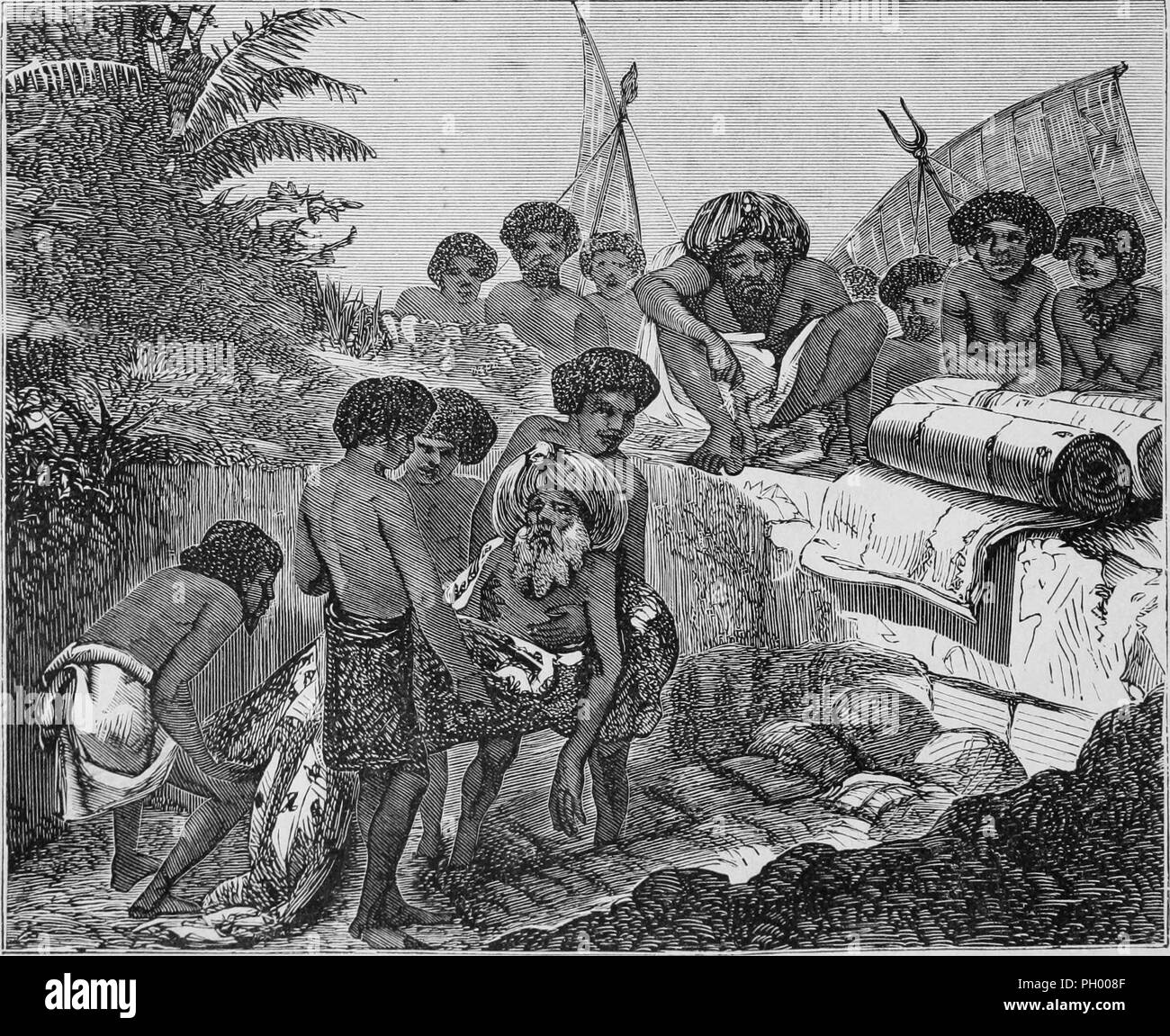 Schwarz und Weiß Vintage Print, zeigt ein Kranker aber lebendige Fijian König, tragen Turban und lange Masi Tuch, durchgeführt werden, um eine ernste (bereits durch den Körper seiner toten Weiber ausgekleidet) von vier Männern, um lebendig begraben zu werden, der neue König (sein Sohn) und ein Kader von Themen des Verfahrens leider beobachten, in Band John George Wood's veröffentlicht "Die unzivilisierten Rassen der Menschen in allen Ländern der Welt, eine umfassende Berücksichtigung ihrer Sitten und Bräuche und Ihrer körperlichen, sozialen, geistigen, moralischen und religiösen Besonderheiten", 1877. Mit freundlicher Genehmigung Internet Archive. () Stockfoto