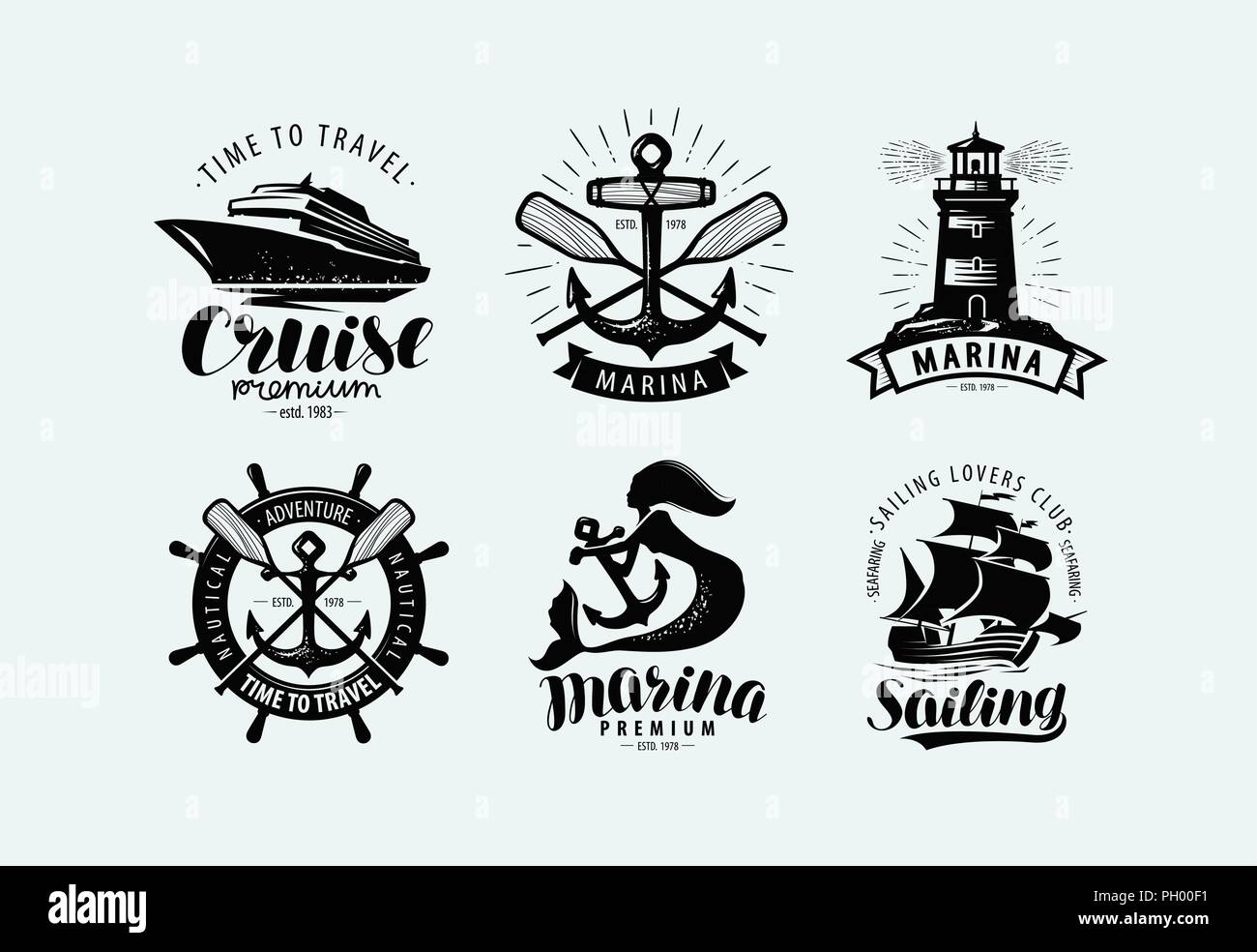Marina, Segeln, Kreuzfahrt Logo oder Label. Maritime Themen, der Embleme. Vektor Stock Vektor