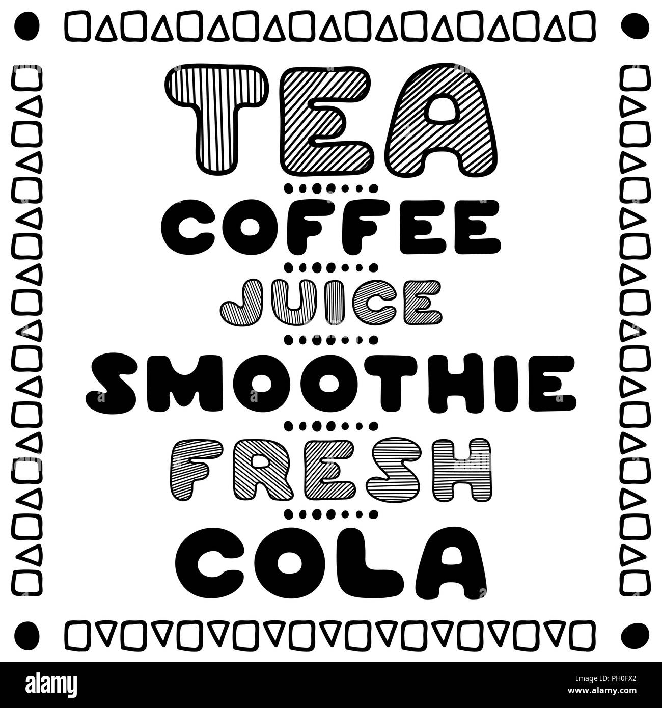 Hand gezeichnet Menü für Cafe mit Getränken Inschriften. Template Design. Essen Flyer. Stock Vektor