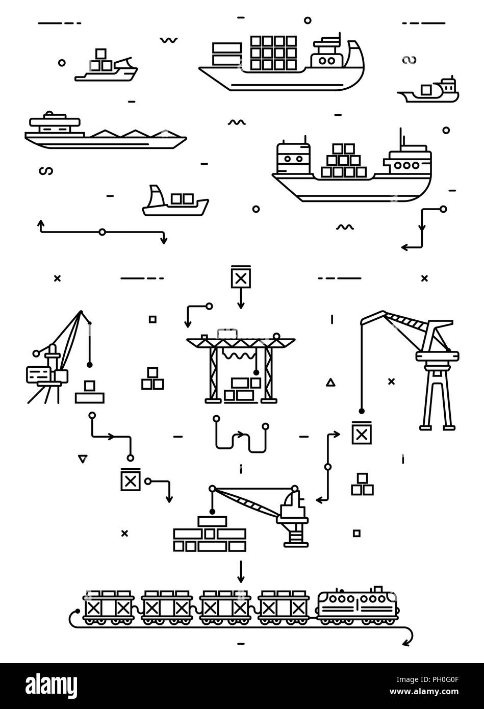 Global Cargo Logistik Konzept. Meer Lieferung mit Frachtschiffe, Hafen- und Güterverkehr Krane. Transport auf der Schiene. Flache Infografiken. Lineare Abbildung. Stock Vektor
