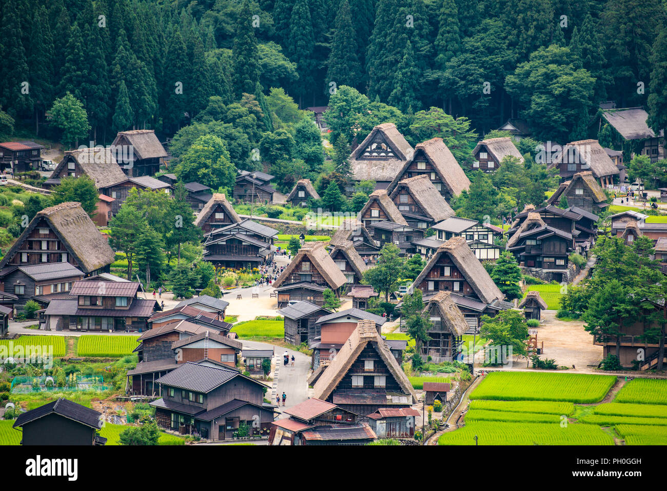 Gassho - Gassho-zukuri Häuser in Gokayama Dorf. Gokayama wurde von der UNESCO in die Liste des Erbes der Welt wegen seiner traditionellen Gassho - Gassho-zukuri Häuser, neben der Nähe Shirakawa-go in der Präfektur Gifu eingeschrieben. Stockfoto