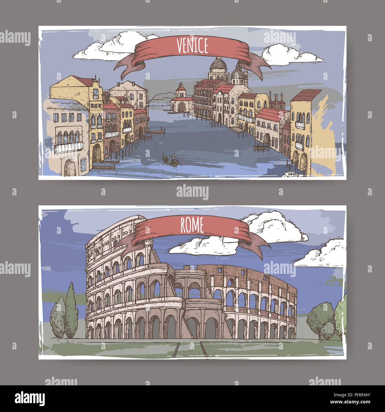 Zwei Farbe Vintage Travel Banner mit Canal Grande in Venedig und das Kolosseum in Rom, Italien. Stock Vektor