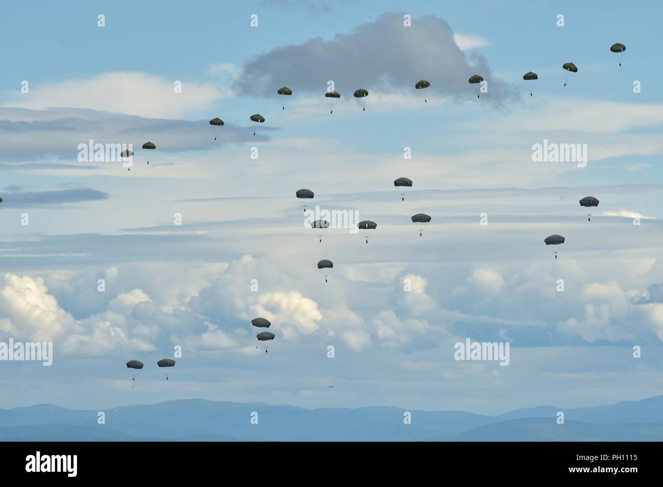 Fallschirmjäger von US-Armee Alaska 4 Infantry Brigade Combat Team (Airborne), 25 Infanterie Division und die 1 Airborne Brigade japanischen Boden Verteidigung-kraft drift auf Donnelly Drop Zone in der Donnelly Training Area in der Nähe von Fort Greely als Teil der Übung Arktis Aurora, 19. Juni 2018. Arktis Aurora ist eine jährliche bilaterale Übung, in denen Elemente von U.S. Army Alaska und die JGSDF, die konzentriert sich auf die Stärkung der Beziehungen zwischen den beiden, indem sie kombiniert die kleine Einheit airborne Kenntnisse und grundlegende Kleinwaffen Treffsicherheit mit Schwerpunkt auf der Bekämpfung der Bereitschaft und Inter Stockfoto