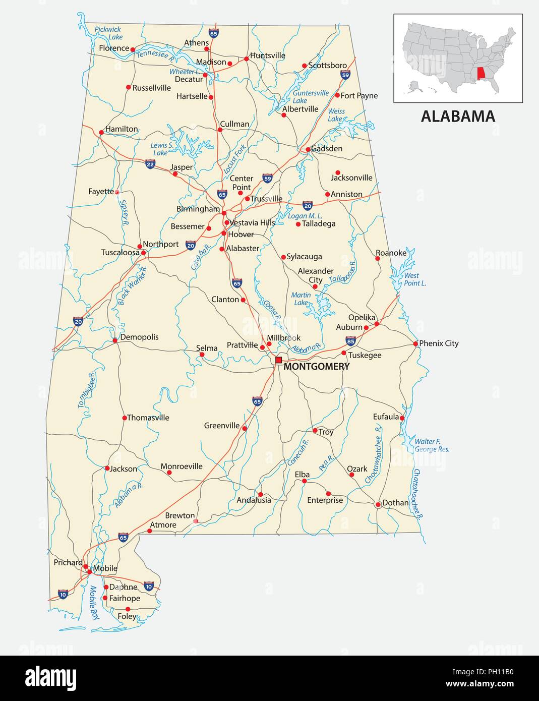 Straßenkarte des US-amerikanischen Bundesstaates Alabama. Stock Vektor