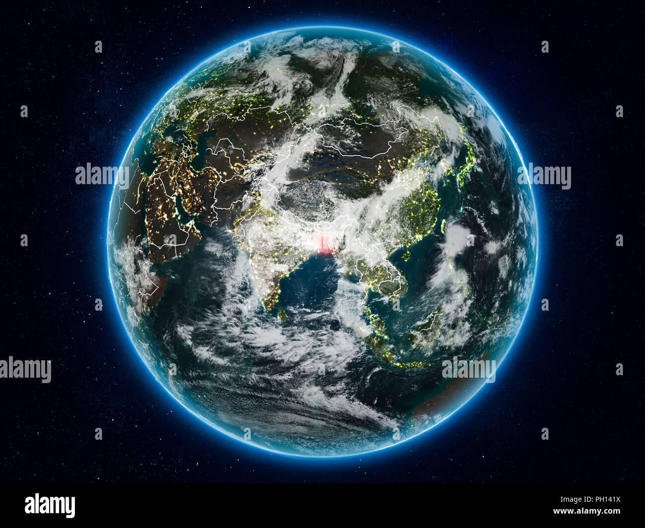 Bangladesch aus dem Weltraum auf dem Planeten Erde bei Nacht mit sichtbaren Grenzen. 3D-Darstellung. Elemente dieses Bild von der NASA eingerichtet. Stockfoto