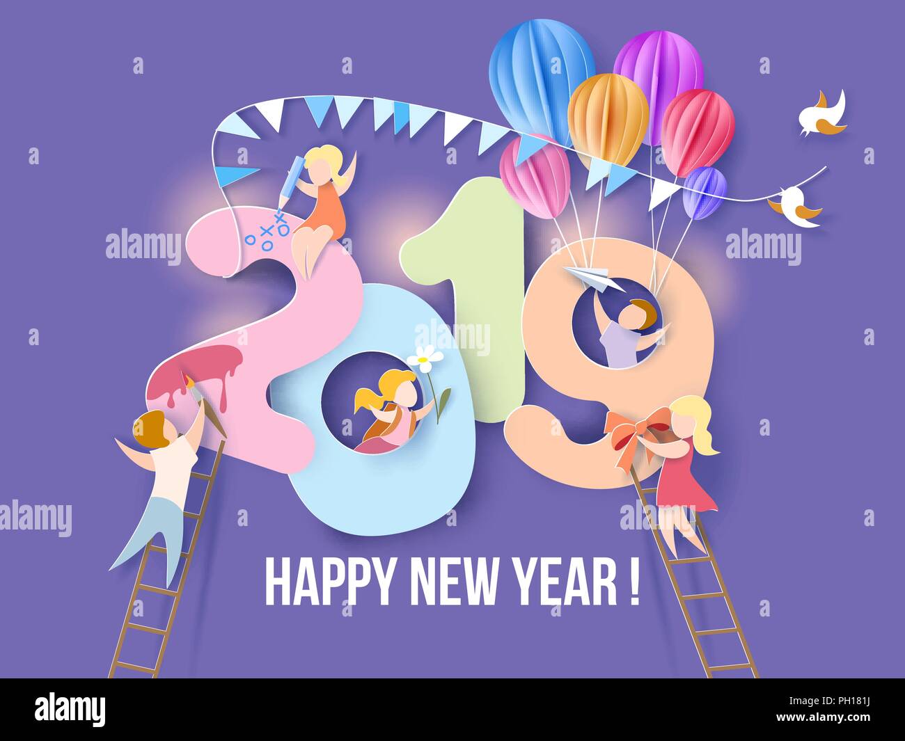 2019 Neues Jahr design Karte mit Kindern auf lila Hintergrund. Vector Illustration. Papier geschnitten und Handwerk Stil. Stock Vektor