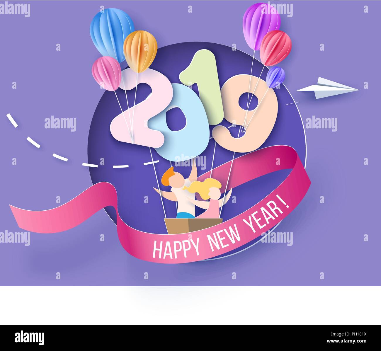 2019 Neues Jahr design Karte mit Kindern auf lila Hintergrund. Vector Illustration. Papier geschnitten und Handwerk Stil. Stock Vektor