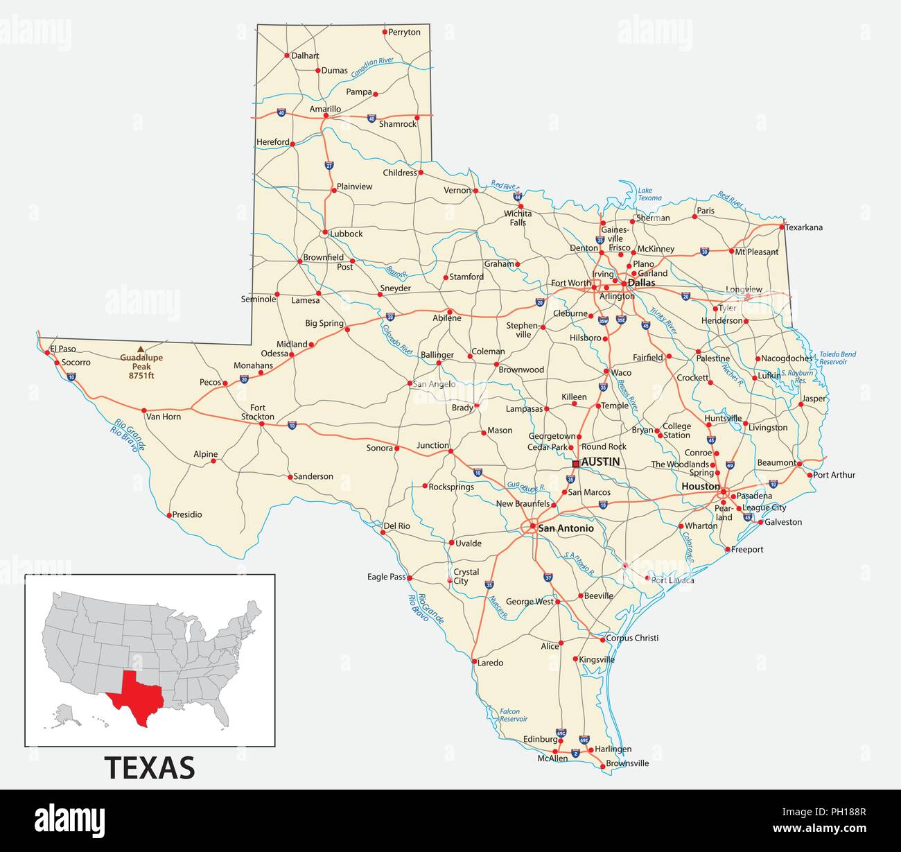 Straßenkarte des US-amerikanischen Bundesstaates Texas. Stock Vektor