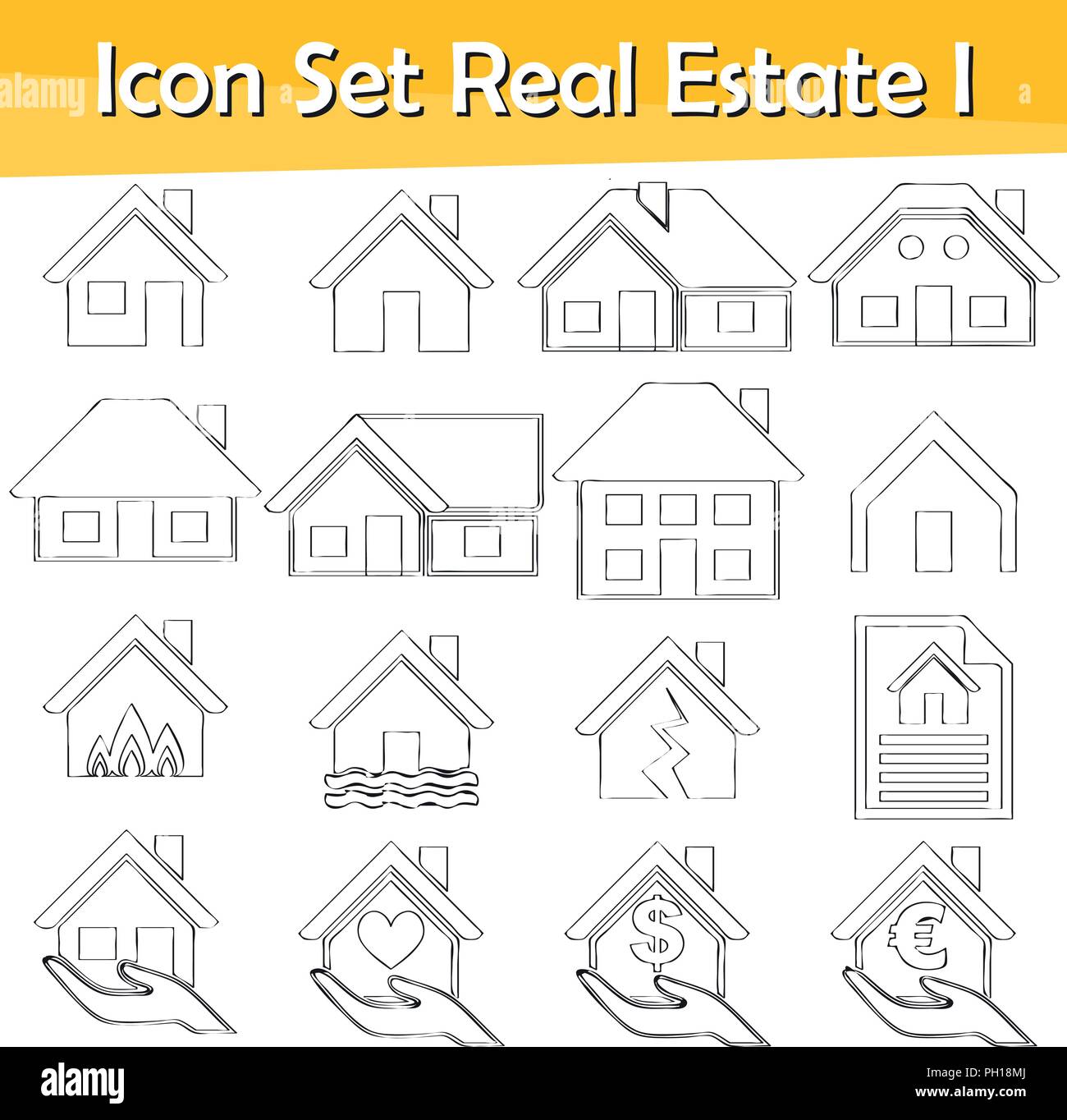 Gezeichnet Doodle gesäumt Icon Set Immobilien ich mit 16 Icons für den kreativen Einsatz in Grafik Design Stock Vektor