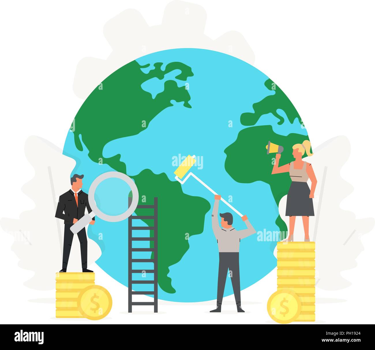 Büro Menschen stehen auf Geld reinigen und den Grünen Planeten bauen. Erde mit Münzen Präsentation Investitionen, Erfolg, Chancen, zukünftige Trends auf weißem Hintergrund. Stock Vektor