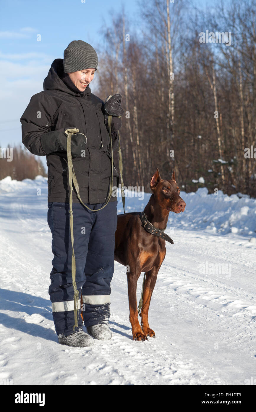 Junge kaukasier Frau Eigentümer ständigen nächster Hund im Winter weg zu Dobermann Stockfoto
