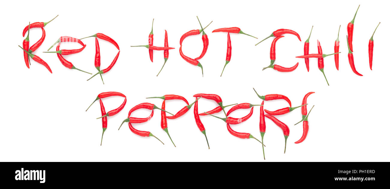 Text von red hot chili peppers auf weißem Hintergrund, isoliert Stockfoto