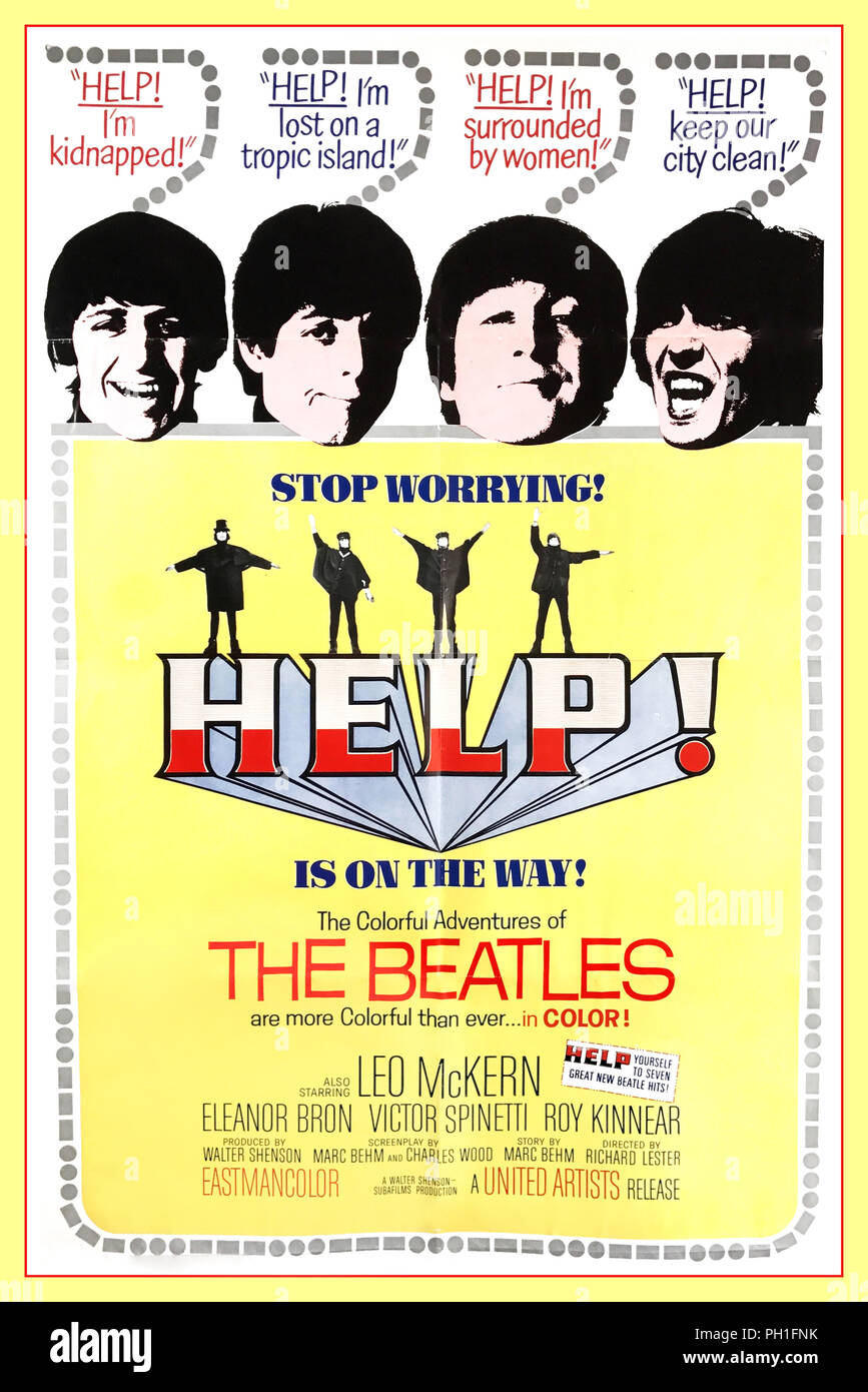 1965 'Hilfe''! Vintage Beatles Film Poster 1960 United Artists British musikalische Komödie - Abenteuer Film unter der Regie von Richard Lester, Starring The Beatles - John Lennon, Paul McCartney, George Harrison und Ringo Starr - und mit Leo McKern, Eleanor Bron, Victor Spinetti, John Bluthal, Roy Kinnear und Patrick Cargill. Dies war der zweite Film mit den Beatles nach Lester ist ein harter Tag Nacht, Hilfe! Sieht die Gruppe gegen einen bösen Kult der Soundtrack als Album veröffentlicht wurde, auch als Hilfe!. Stockfoto