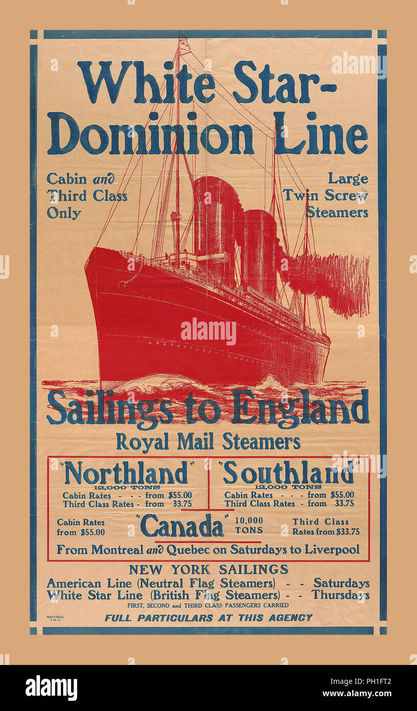 Jahrgang 1900 Cruise Line reisen Versand Poster. WHITE STAR DOMINION LINE ABFAHRTEN NACH LIVERPOOL, ENGLAND mit WHITE STAR DOMINION LINE VON NEW YORK, Montreal und Quebec c 1916 Stockfoto