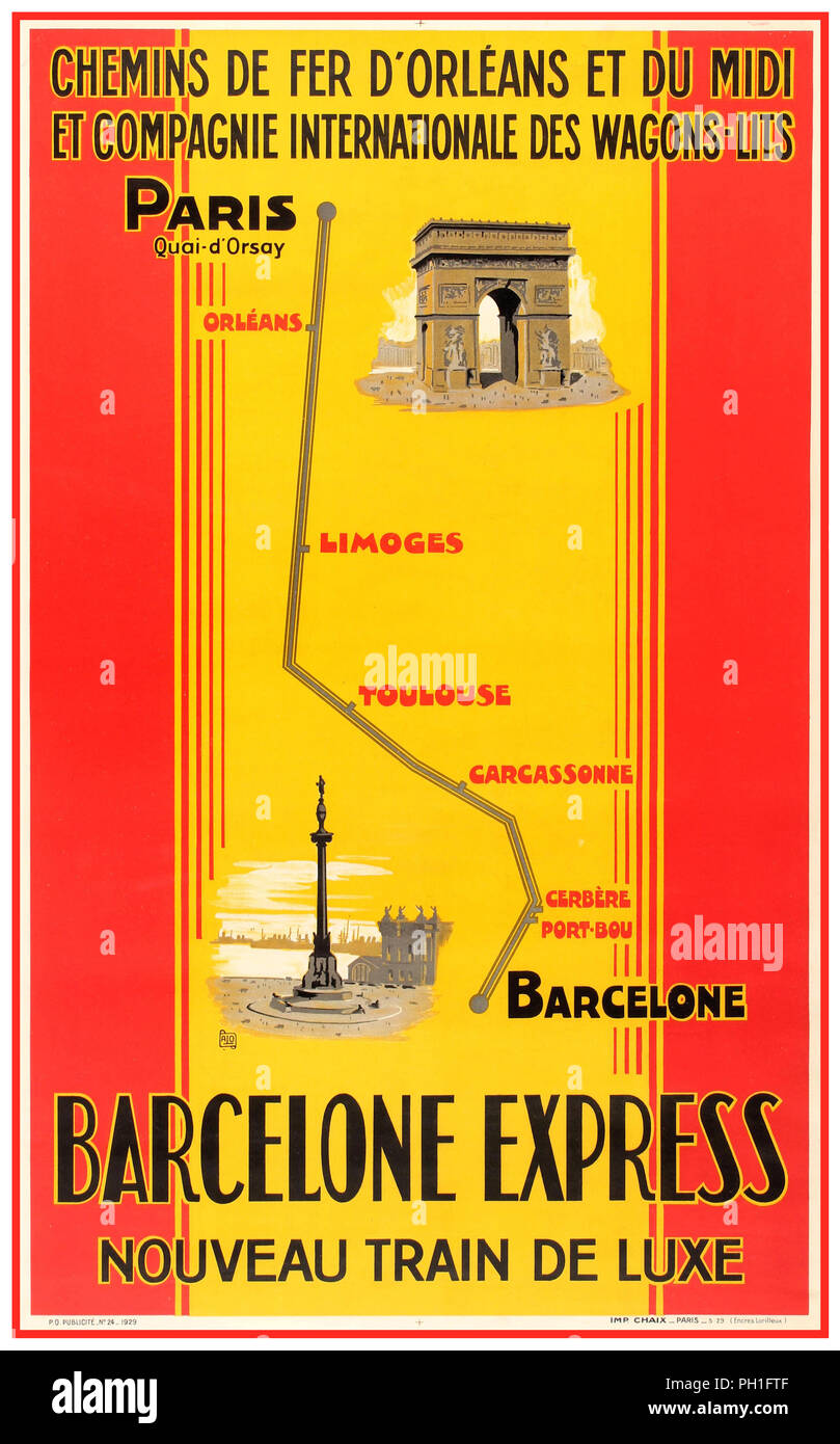 1929 Paris Barcelona Bahnreisen Vintage Poster Barcelona Express Neue Luxus Zug Wagon Lits. Paris-Barcelone Express eingeführt im Jahr 1904. Compagnie Internationale des Wagons-Lits (englisch: International Sleeping-Car Gesellschaft), Compagnie des Wagons-Lits, oder einfach nur Wagons-Lits, einem internationalen Hotel und Reisen unternehmen, für seinen Zug Catering und Schlafwagen Dienstleistungen, sowie der historische Betreiber des Orient Express bekannt. Stockfoto