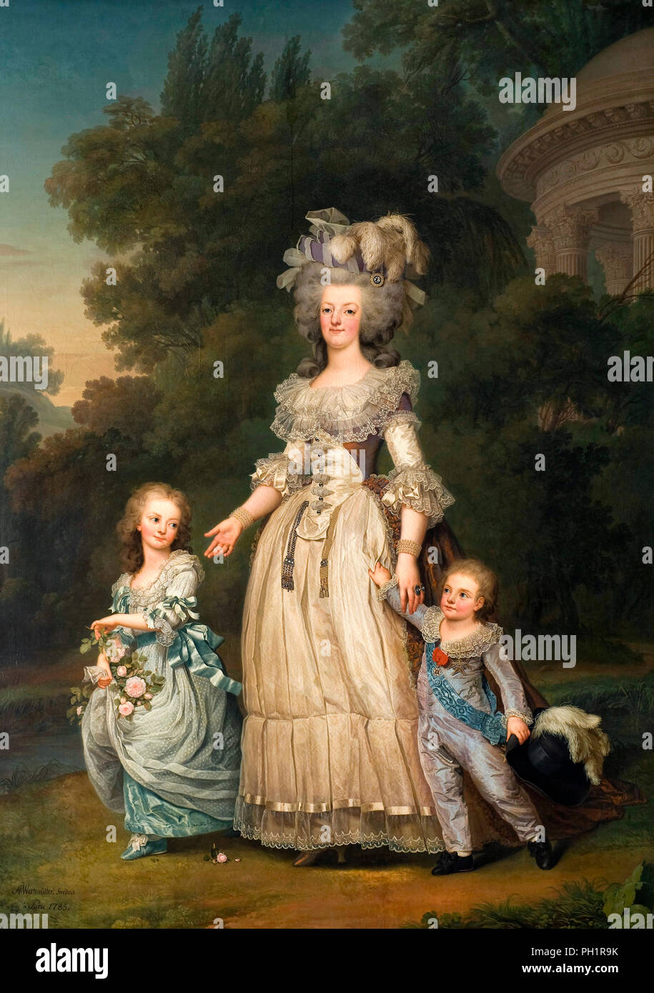 Königin Marie Antoinette von Frankreich und zwei ihrer Kinder zu Fuß in den Park von Trianon - Adolf Ulrik Wertmuller, 1785 Stockfoto