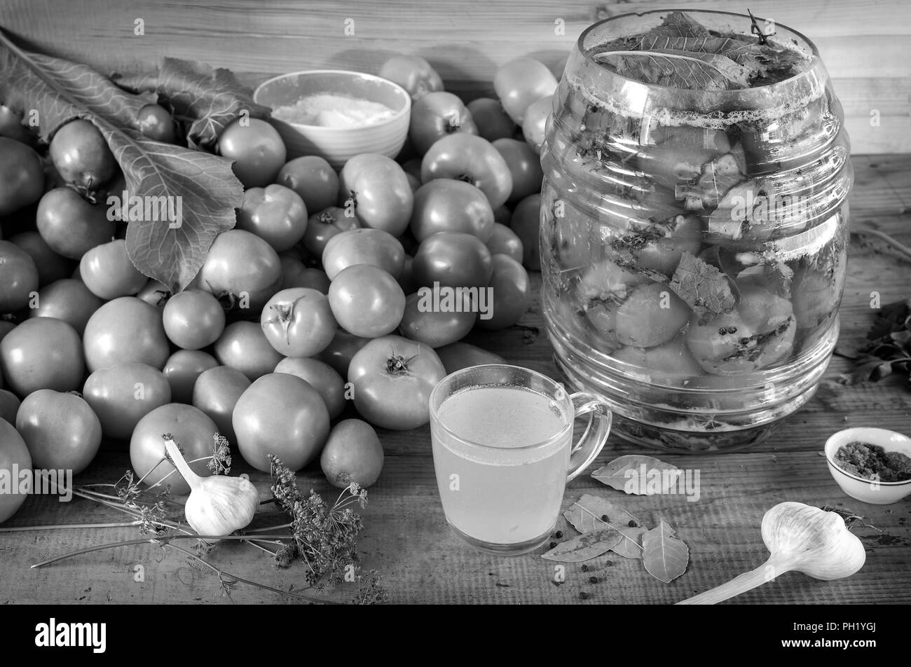 Gesalzene Tomaten im Glas. In der Nähe von Tomaten, Gewürze. Schwarz-weiß-Bild. Stockfoto