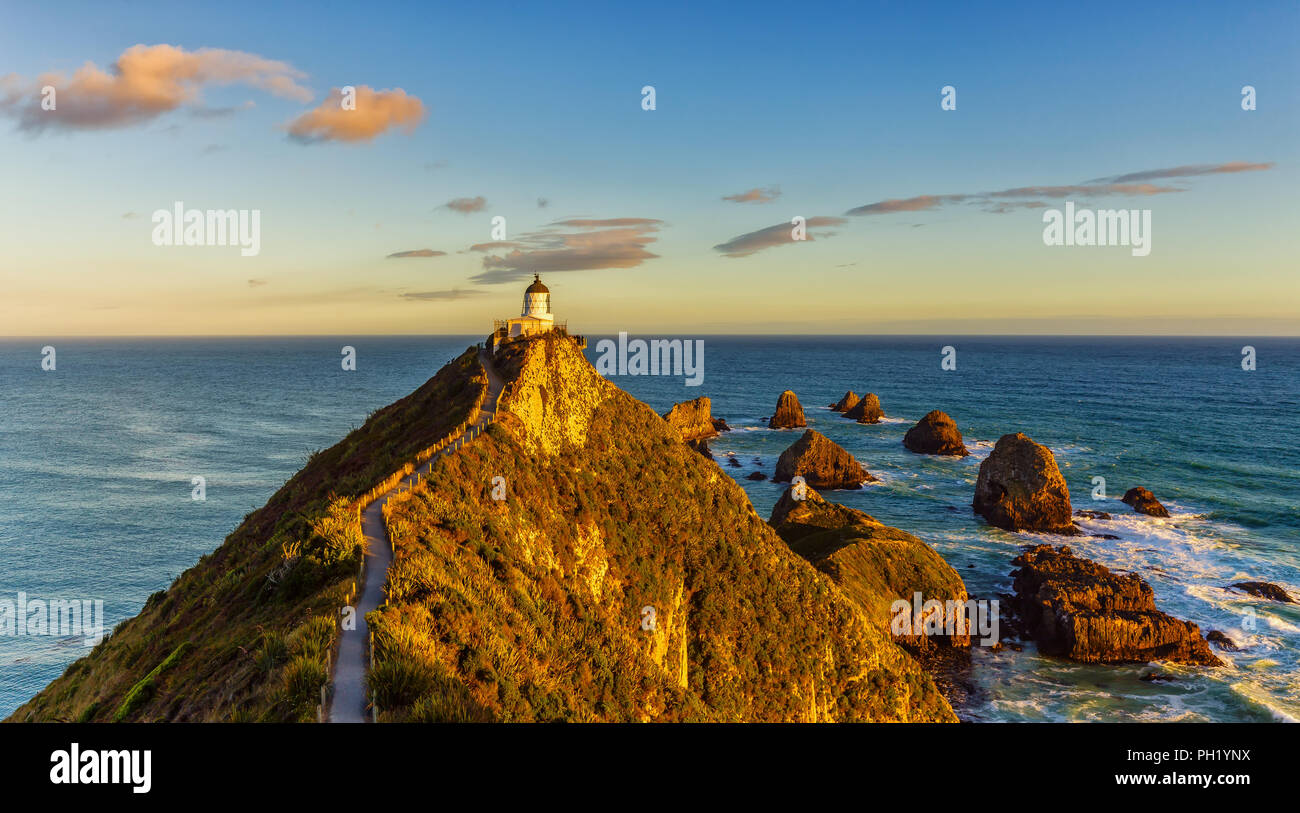 Nugget Point Lighthouse befindet sich an der südöstlichen Küste von Neuseeland und leuchtet schön im Abendlicht. Stockfoto