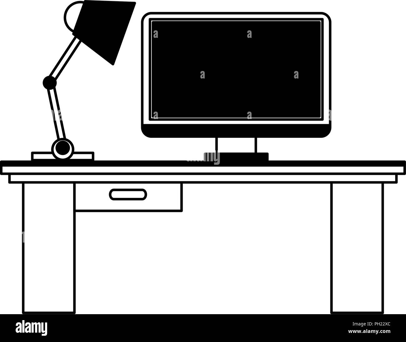 Büro mit Computer in Schwarz und Weiß Stock Vektor