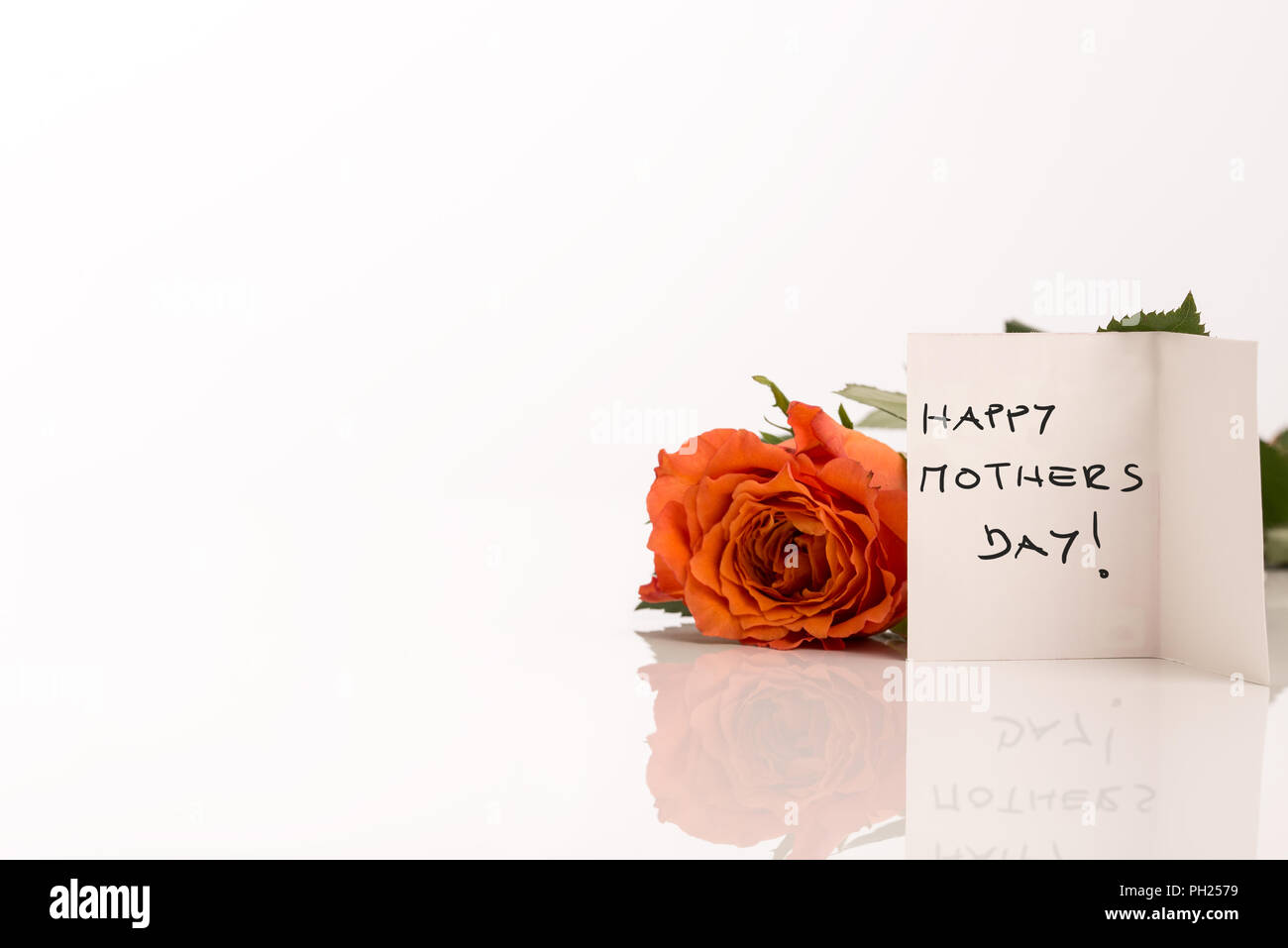 Happy Muttertag Grußkarte Hintergrund mit einem symbolischen frische Rose und eine handschriftliche Notiz auf einem weißen reflektierenden Oberfläche mit Copyspace für Stockfoto