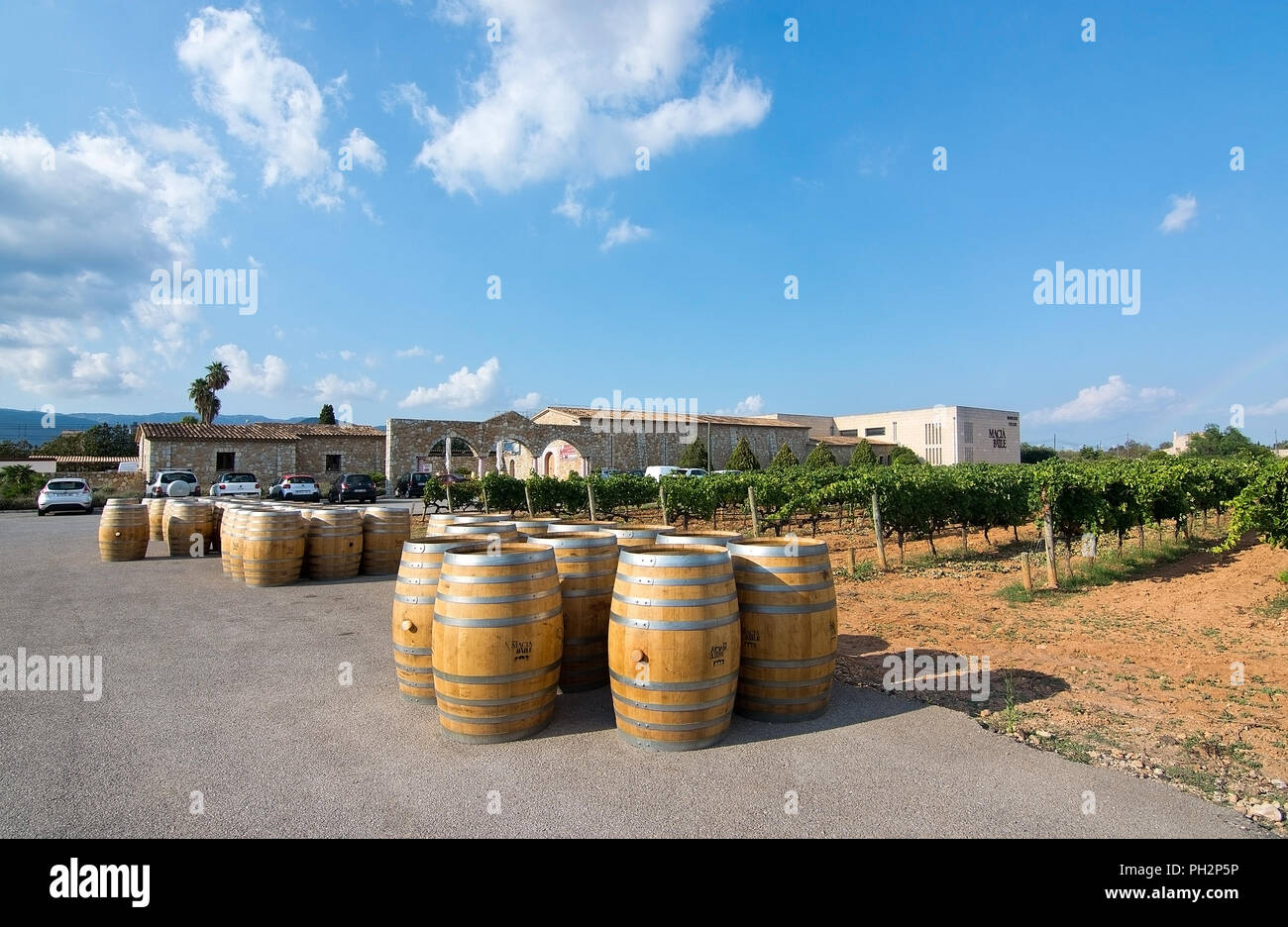 MALLORCA, SPANIEN - 22. AUGUST 2018: Weinfässer aus Eiche außerhalb großer Macia Batle Weingut am 22. August 2018 auf Mallorca, Spanien Stockfoto