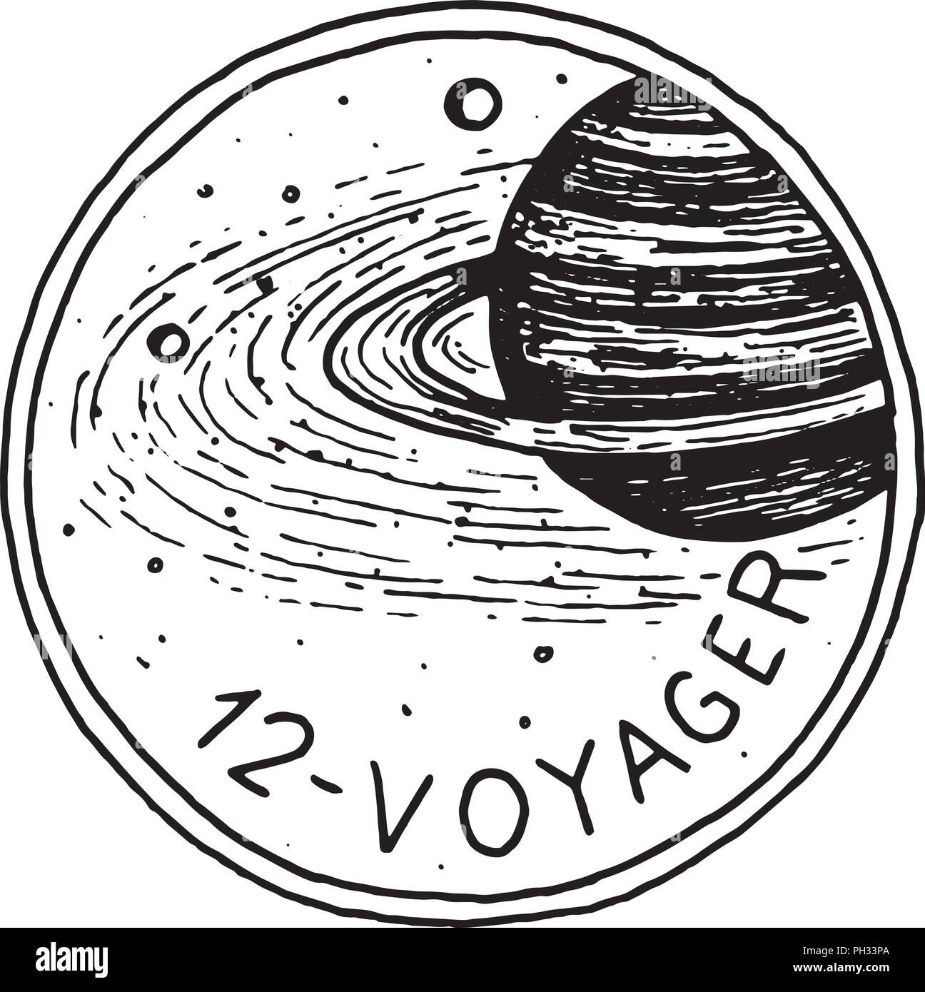 Platz Logo mit dem Planeten. Erforschung der astronomischen Galaxy. mission spaceman oder Astronaut. kosmonaut Abenteuer. Abzeichen für T-Shirt. Vintage Tattoo, graviert Hand gezeichnete Skizze. Stock Vektor