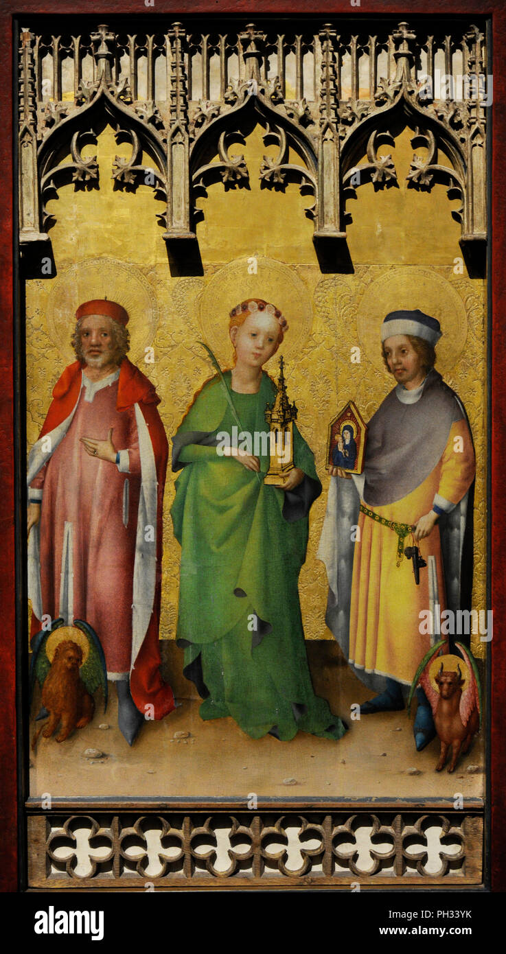 Stefan Lochner (ca. 1400/1410-1451). Deutsche Maler. Der heilige Markus, Lukas und der Hl. Barbara, ca. 1445-1450, Wallraf-Richartz-Museum. Köln. Deutschland. Stockfoto