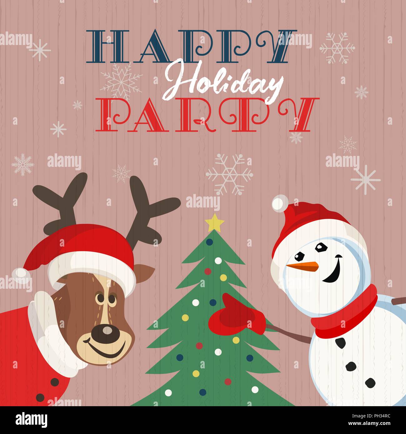 Frohe Feiertage party Poster. Cute deer, Schneemann in Santa Claus hat. Weihnachtsbaum. Bunte verspielte Cartoon. Lustige Saison wünsche Schriftzug. Vektor Stock Vektor