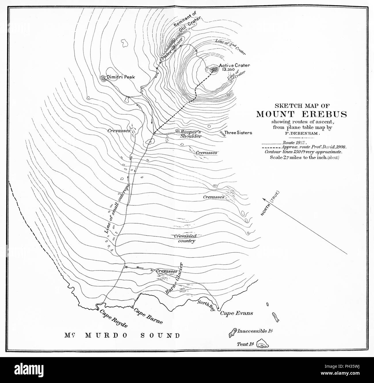 Die ketsch Karte von Mount Erebus übersicht Routen von Aufstieg', c 1912 (1913). Artist: Unbekannt. Stockfoto