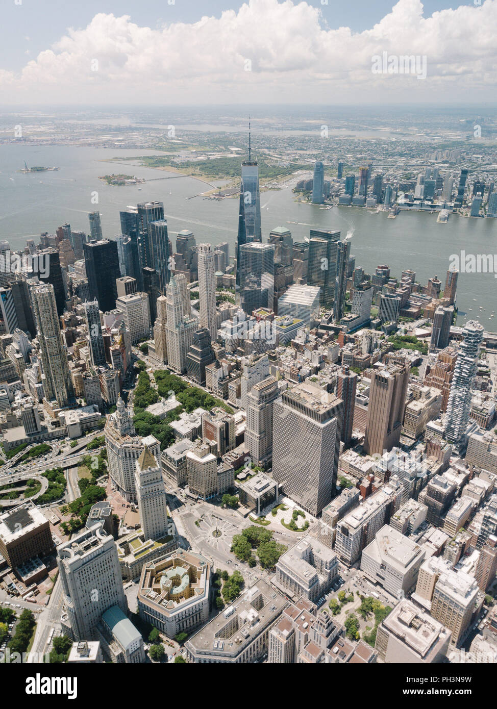 Drone Luftaufnahme World Trade Center Blick auf die Stadt Schöne NYC New York Stockfoto